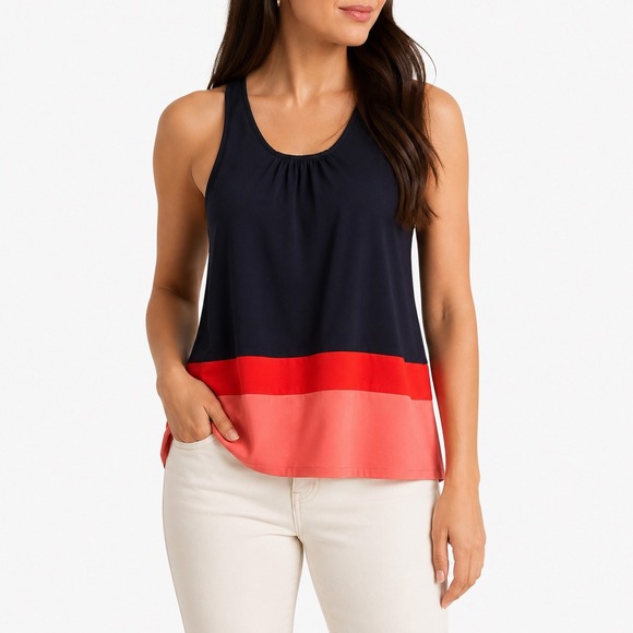 Ann Taylor Tops - Ann Taylor Tank Top Women Large Navy Coral Orange Colorblock Racerback Blouse